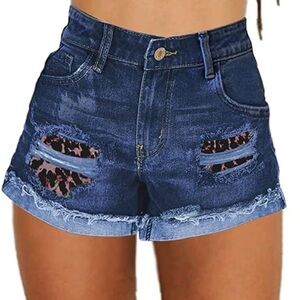 Blue leopard high waisted denim shorts